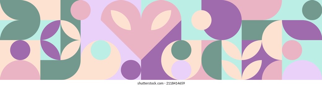 Seamless mosaic with geometric shapes in the style of Scandinavian pattern, pastel background with hearts for Valentine's Day card. Minimalistic cover template with circles texture.
