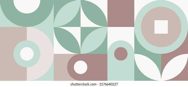 Seamless mosaic with geometric shapes in the style of Scandinavian pattern, pastel background with hearts for Valentine's Day card. Minimalistic cover template with circles texture.
