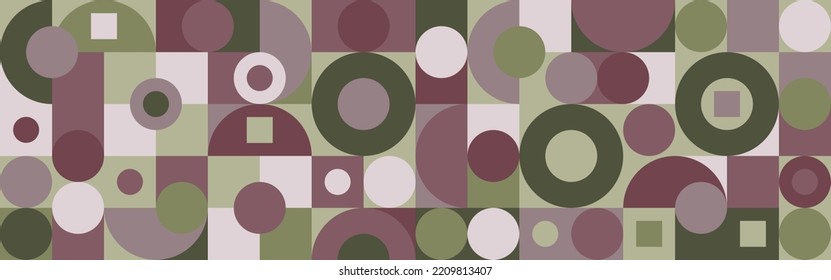 Seamless mosaic with geometric shapes in the style of a Scandinavian pattern, purple and green background with circles and squares for textile or wallpaper. Minimal cover template with trend patterns 