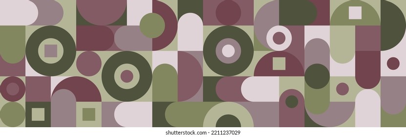 Seamless mosaic with geometric shapes in the style of a Scandinavian pattern, purple and green background with circles and squares for textile or wallpaper. Minimal cover template with trend patterns 