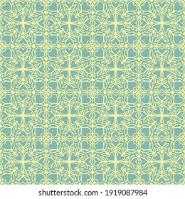 seamless mosaic with hearts and yellow ornaments on a pastel light green background, vector, pattern