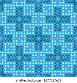 Seamless mosaic ornament with cross-shaped elements and a predominance of blue. Geometric fantasy. Decorative design for floor, wall or other surface. Vector illustration