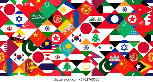 Padrão de mosaico contínuo das bandeiras dos países asiáticos. Mosaico criado a partir de uma colagem densa de bandeiras nacionais asiáticas e do Oriente Médio.