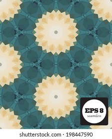 Seamless mosaic pattern based on polygons. Can be used as decoration for the gift boxes, wallpapers, backgrounds, web sites. Geometrical ornament with the stars, gems and snowflakes, gradient filled.