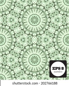 Seamless mosaic pattern based on polygons. Can be used as decoration for the gift boxes, wallpapers, backgrounds, web sites. Geometrical ornament with stars, gems and snowflakes. Green marble theme.