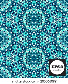 Seamless mosaic pattern based on polygons. Can be used as decoration for the gift boxes, wallpapers, backgrounds, web sites. Geometrical abstract ornament with the stars, gems. Water theme. Eco design