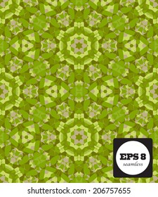 Seamless mosaic pattern based on polygons. Can be used as decoration for the gift boxes, wallpapers, backgrounds, web sites. Geometrical ornament with stars, gems. Green apple theme. Eco design