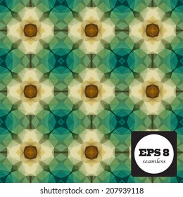 Seamless mosaic pattern based on polygons. Can be used as decoration for the gift boxes, wallpapers, backgrounds, web sites. Geometrical ornament with the stars, gems and snowflakes. Green theme.