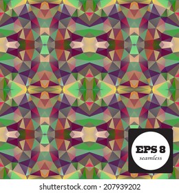 Seamless mosaic pattern based on polygons. Can be used as decoration for the gift boxes, wallpapers, backgrounds, web sites. Geometrical ornament with the stars, gems and snowflakes. Mosaic theme.