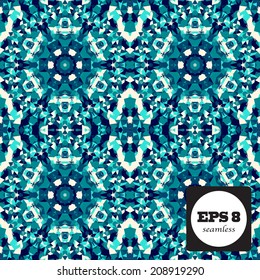 Seamless mosaic pattern based on polygons. Can be used as decoration for the gift boxes, wallpapers, backgrounds, web sites. Geometrical ornament with the stars, gems and snowflakes. Aqua theme.
