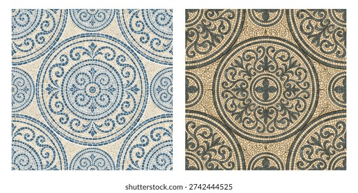 Seamless mosaic pattern with blue tile texture, perfect for pool floors, bathroom walls, and geometric backgrounds with vibrant square shapes and Mediterranean style.
