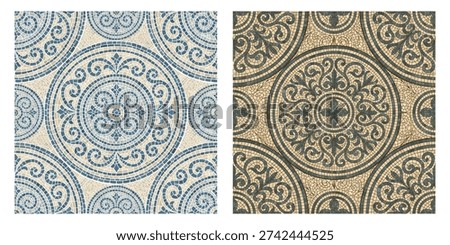 Seamless mosaic pattern with blue tile texture, perfect for pool floors, bathroom walls, and geometric backgrounds with vibrant square shapes and Mediterranean style.