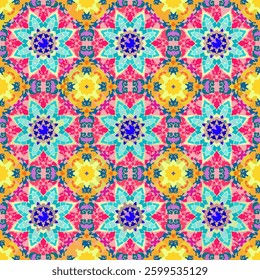 Seamless mosaic pattern with bright flowers mandalas for fabric, ceramic tiles.