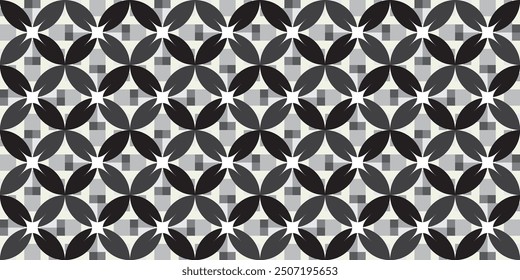 Seamless Mosaic Pattern Geometric floral motif with black, gray and white combination grid background - Wallpaper Decoration, Wrapping, printing