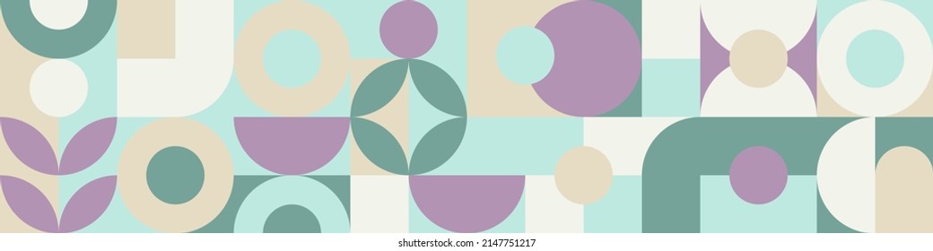 Patrón de mosaico sin manchas con formas geométricas en estilo de patrón escandinavo, fondo pastel con círculos para postal o volante. Plantilla de carátula con cuadrados, menta de moda y textura púrpura.