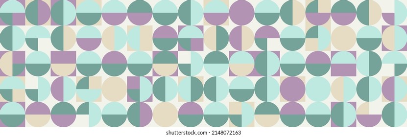 Seamless mosaic pattern with geometric shapes in Scandinavian pattern style, pastel background with circles for postcard or flyer. Cover template with squares, trendy mint and purple texture.