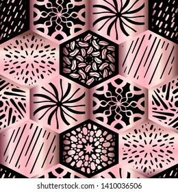 Seamless mosaic pattern of hexagons with rose gold