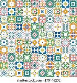 Seamless mosaic pattern made of colorful traditional illustrated tiles