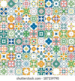 Seamless mosaic pattern made of colorful traditional illustrated tiles