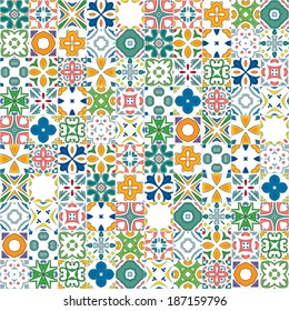 Seamless mosaic pattern made of colorful traditional illustrated tiles