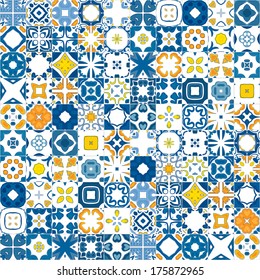 Seamless mosaic pattern made of illustrated tiles - like Portuguese tiles 