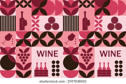Seamless mosaic pattern on the theme of red wine with traditional icons. Trendy pattern, poster for wine, for wine menu, packaging. Vector illustration