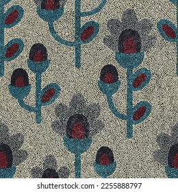 Seamless mosaic pattern. Ornament in polka dot style. Decorative flowers on a dark background with a grunge texture. Vector illustration.
