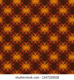 Seamless mosaic pattern from red and orange geometrical abstract ornaments on a dark brown background. Vector illustration. Suitable for fabric, wallpaper, wrapping paper