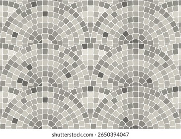 Seamless mosaic pattern with round waves in portuguese style, gray geometric decorative scales pavement, stone tiling with water ornament, vector