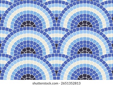 Padrão de mosaico sem costura com ondas redondas em estilo português, escalas geométricas cinzentas pavimento decorativo, azulejos de pedra com ornamento de água, vetor