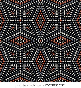 Seamless mosaic pattern with a traditional design of rhombuses and diamonds. Colorful small dots on a black background. Abstract texture. Vector image.