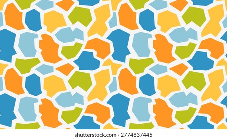 Seamless mosaic pattern of vibrant geometric polygons on a white background. This abstract texture is perfect for modern branding, textile prints, and playful digital backgrounds for kids.