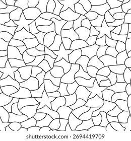 Patrón de mosaico sin fisuras. Colores blanco y negro. Líneas onduladas. Patrón ornamental. Estrellas y líneas.