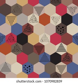 Seamless mosaic pattern-vector illustration. Different textures triangles are drawn by hand. Silk blankets.