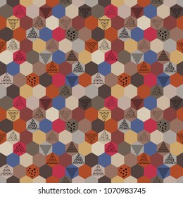 Seamless mosaic pattern-vector illustration. Different textures triangles are drawn by hand. Silk blankets.