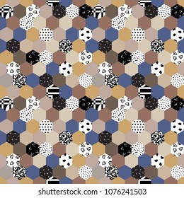Seamless mosaic pattern-vector illustration. Different textures of hexagons are drawn by hand. Silk Blankets.