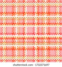 Seamless mosaic print of wavy cells and stripes of coral, pink and white shades. Checkered summer pattern in warm colors. Fashionable and glamorous decoration of any of your bold advertising projects.