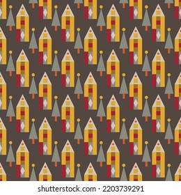 Seamless mosaic vector hello autumn bauhaus pattern with triangular gnome houses on brown chocolate background for boys and girls apparel. For gift and  wrapping paper and textile.