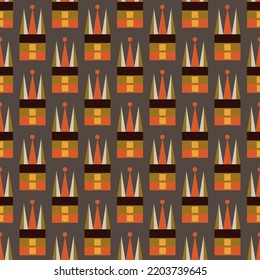 Seamless mosaic vector hello autumn bauhaus pattern with triangular gnome houses on brown chocolate background for boys and girls apparel. For gift and  wrapping paper and textile.