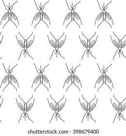 Seamless mosquito pattern in black and white. Vector seamless pattern on insects, zika virus prevention, disease transmission