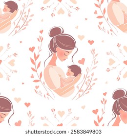 Seamless Mother and Baby Pattern with Floral Accents. Loving Mother Holding Baby in Soft Pastel Illustration. Tender Mother and Child Pattern with Heart Details