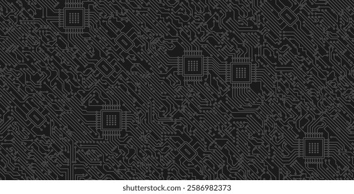 Seamless motherboard digital circuit on black background.