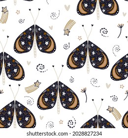 Patrón de polillas sin foco. Mística creativa con constelación, estrellas y lunas. Excelente para tela, textil. Ilustración del vector
