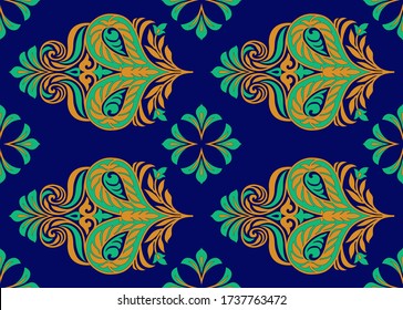 Seamless motif damask pattern with navy background