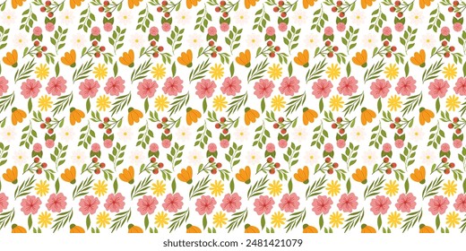 Seamless motif displaying floral elements. Botanical-inspired repetitive fabric or wallpaper design with yellow and orange flowers, red berries, leaves, and cherry blossom.