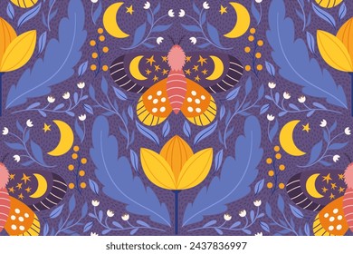 Motivo sin costuras que muestra una polilla caprichosa, flores y hojas en colores púrpura y amarillo. Estilo escandi delicado folk repetido diseño adecuado para la impresión en tela, papel de envoltura y otros