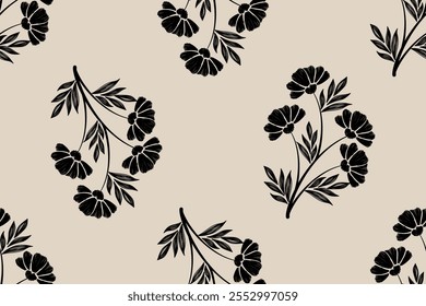 Padrão floral de motivo contínuo com flores pretas em um fundo bege, bordado padrão Ikat floral, tradição padrão oriental. Design para textura, tecido, roupas, embalagem, decoração