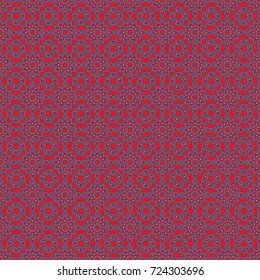 Seamless motley pattern with oriental mandalas in purple, blue and red colors. Kaleidoscope elements. Fabric, wallpaper or wrap print. Vector hippie mandala.