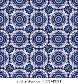 Seamless motley pattern with oriental mandalas in black, blue and violet colors. Fabric, wallpaper or wrap print. Vector hippie mandala. Kaleidoscope elements.