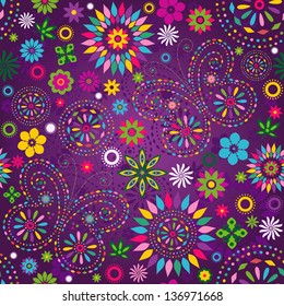 Seamless motley vivid violet floral pattern with colorful flowers, butterflies and decorative circles (vector)